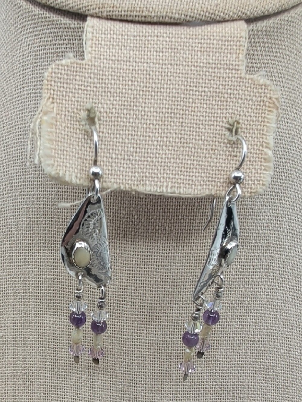 Vintage Hand Hammered Sterling Silver Amethyst Pearl Dangle Earrings - Picture 11 of 17